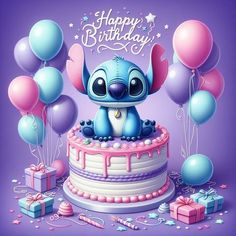 a birthday card with a cartoon character on top of a cake surrounded by balloons and presents