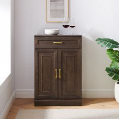 a wooden cabinet sitting next to a potted plant in a white vase on top of a hard wood floor