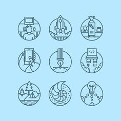 six thin line icons depicting different types of things in the world, including buildings and trees