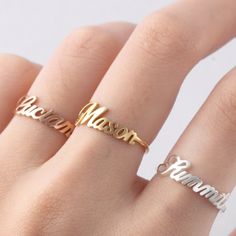 "** STACKABLE NAME RING - MEGAN FONT, made from sterling silver and available in 18k gold plated. This ring can be personalized with names (up to 10 characters/name)of your loved ones. Please note that the listing and the price is for an individual ring. I T E M ∙ D E T A I L S * Dimensions: Uppercase letters are approx. 5.5mm, lowercase letters are approx. 2.5mm * Character limits: up 10 characters * Material: Sterling silver * Color: Sterling silver, 18k Yellow gold-plated, 18k Rose gold-plate Adjustable Meaningful Rings As Gift, Meaningful Adjustable Rings As Gift, Meaningful Open Ring Jewelry For Anniversary, Meaningful Open Ring Jewelry Gift, Custom Name Adjustable Rings As Gift, Adjustable Engraved Name Ring As Gift, Adjustable Open Rings With Name Detail, Adjustable Custom Name Rings As Gifts, Personalized Gold Midi Rings In Sterling Silver