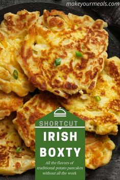 some food that is on a plate with the words shortcut irish boxty written below it