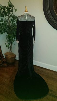 We have this gown in stock in a size 10.  This dress can be shipped today! Black Velvet Gown, Velvet Evening Gown, Special Occasion Gowns, Velvet Gown, Long Sleeve Evening Dresses, Pageant Gowns, Fashion Website, High Collar, Evening Wear