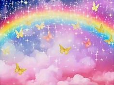 there is a rainbow in the sky with many stars and clouds around it, as well as butterflies