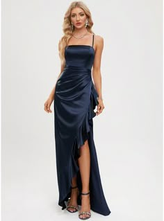 JJ's House Silky Satin Straight <=200 Fall Winter Spring Summer Sheath/Column General Plus Leg Slit Back Zip Simple Beautiful Back Dark Navy Height:5.8ft（176cm） Bust:32in（82cm）Waist:24in（61cm）Hips:35in（89cm） No Floor-Length Blue Model Name:Lerina  Height:5.7ft（172cm. #JJ's House #SilkySatin #Straight #<=200 #Fall #Winter #Spring #Summer #SheathColumn #General #Plus #LegSlit #BackZip #Simple #BeautifulBack #DarkNavy #No #FloorLength #Blue Dark Blue Silk Dress, Blue Grad Dresses, Blue Winter Dresses, Navy Blue Dress Casual, Navy Prom Dresses, Satin Prom Dresses, Dress Dark Blue, Blue Silk Dress, Prom Inspo