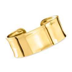 Ross-Simons - Italian 18kt Gold Over Sterling Polished Cuff Bracelet. 7". Embrace the beauty of simplicity. Made in Italy of polished 18kt yellow gold over sterling silver, our gleaming cuff bracelet makes an alluring statement that is impossible to be overlooked. 1" wide. Slip-on, 18kt gold over sterling cuff bracelet. Timeless Gold Cuff Bracelet With Polished Finish, Luxury Gold Bracelet With Open Band, Luxury Gold Open Band Bracelet, Gold Open Band Bracelet For Formal Occasions, Formal Gold Bangle With Open Band, Gold Open Band Bangle For Formal Occasions, Gold Open Band Bracelets For Formal Occasions, Formal Gold Open Band Bracelets, Gold Cuff Bracelet, Tarnish Resistant For Formal Occasions