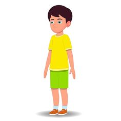 a young boy in yellow shirt and green shorts standing with his hands on his hips