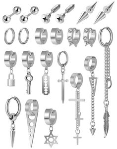 PRICES MAY VARY. EARRING PACK: one order include 6 pairs earrings, 10Pcs dangle earrings, different styles and shapes, include barbell/screw/huggie hoop/dangle/lock&key/star/feather hinged earrings and etc. various styles meeting your daily life HIGH QUALITY MATERIAL: made of stainless steel, environmentally friendly material, highly polished finishing and strict metal electroplating craft create super smooth and shiny surface, comfortable to wear PERFECT DESIGN: 18 Gauge(1mm) thickness , the stainless steel earring with simply designed, a variety of styles suitable for both men and women to wear, fashion and exquisite designed, make yours stand out APPLICABLE OCCASIONS: simplistic and delicate appearance, ideal gift choice to your mother, lover, wear in any occasion, suitable for birthday Hinged Earrings, Earring Pack, Earrings Punk, Friends Party, Stainless Steel Earrings, Long Chain, Love Design, Piercing Jewelry, Exquisite Design