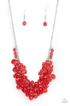 Row after row of glittery red crystal-like beads swing from interconnected strands of silver chain, creating a colorfully effervescent fringe below the collar. Features an adjustable clasp closure.

 Sold as one individual necklace. Includes one pair of matching earrings. Live Text, Bling Necklace, Crystal Bead Necklace, Red Necklace, Red Jewelry, Paparazzi Accessories, Paparazzi Jewelry, Red Crystals, Green Crystals