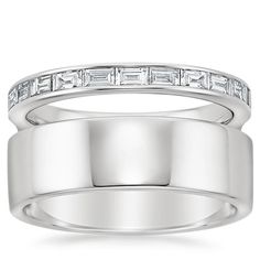 Abierta Diamond Ring. With all of the comfort of a single band and the trendy look of two, this modern ring features negative space between a plain cigar band and a baguette diamond band while a bar of lustrous metal in the back to add support. Due to the width of this band we suggest sizing up a half size for the perfect fit (2/5 total carat weight). Thick Wedding Bands, Baguette Diamond Band, White Gold Diamond Rings, Modern Ring, Brilliant Earth, Negative Space, Diamond Band, Baguette Diamond, A Bar