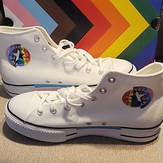 Nwt Converse Chuck Taylor High Top Pride Shoes Sz 9.5 Men's White Mid-top Custom Sneakers With Vulcanized Sole, Custom White Sneakers With Studded Outsoles For Sports, White Low-top Custom Sneakers With Speckled Midsole, Converse Custom High-top Sneakers With White Sole, White Canvas Shoes With Vulcanized Sole And Round Toe, White Canvas Shoes With Vulcanized Sole, White Custom Lace-up Sneakers With Studded Outsoles, Custom White Lace-up Sneakers With Studded Outsoles, White Sporty Ankle-high Canvas Shoes