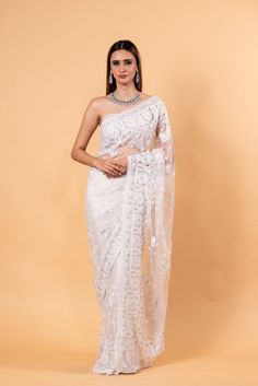 White Designer Net Saree with All over Embroidered Work - Anvi Couture Elegant Embroidered Pre-draped Georgette Saree, Elegant Pre-draped Saree With Chikankari For Reception, Elegant Pre-draped Chikankari Saree For Reception, Organza Embroidered Pre-draped Saree For Reception, Embroidered Organza Pre-draped Saree For Reception, Fitted Organza Pre-draped Saree With Chikankari Embroidery, Elegant Pre-draped Saree With Intricate Embroidery For Eid, Elegant Fitted Pre-draped Saree With Chikankari Embroidery, Elegant Embroidered Pre-draped Saree