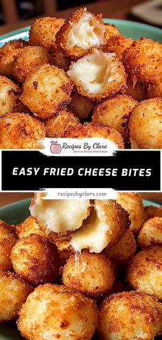 some fried cheese bites are in a blue bowl on a table with the words easy fried cheese bites