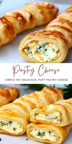 two pictures of pastries with cheese and spinach on them, one is cut in half