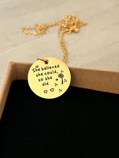 A beautiful 16K gold plated necklace, engraved with she believed she could so she did, teen mental health, affirmation, inspirational jewelry for her, woman sobriety gift, graduation, gift for friend Inspirational Necklaces For Best Friend Gift, Inspirational Necklace For Best Friend Gift, Inspirational Necklaces For Best Friend, Inspirational Personalized Charm Necklaces, Inspirational Personalized Charm Necklace, Hand Stamped Necklaces For Best Friend Gift, Hand Stamped Necklace For Best Friend Gift, Affirmation Bracelets