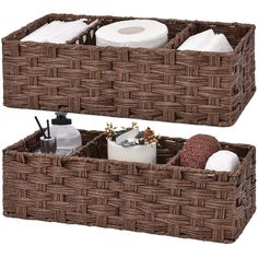 PRICES MAY VARY. Perfect Size - This narrow bathroom storage is one set for 2, and each measures 14 ¼ x 6 x 4 ¼ inches. Small bathroom basket can match any small space and also could be shelves woven storage baskets. 100% Hand-knitted & Solid - Each toilet paper storage organizer is hand-woven with waterproof polypropylene plastic strapping over a sturdy wire frame. The basket may vary 1/4 inch in size due to handmade. Convenient Design - 3 Sections, the middle compartment is a little wider than Shelves Toilet, Narrow Bathroom Storage, Small Baskets, Decorative Storage Bins, Baskets For Shelves, Bathroom Baskets, Wicker Shelf, Plastic Basket, Toilet Paper Storage