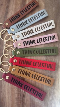 five name tags with the words think celestial, think celestial, think celestial and think celestial