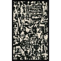 a black and white rug with an abstract design