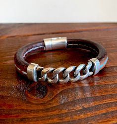 "New chunky chainlink slider with brown stitched leather (blue stitches!).  Very substantial! Choose size. return to shop all items: http://www.etsy.com/shop/amyfine ask me anything you like here: http://www.etsy.com/convo_new.php?to_username=amyfine \"OMG I got my jewelry last night and it's AMAZING. I love it so much. I am wearing one bracelet today. It is super awesome. I can't wait to wear more tomorrow!\" read more feedback from happy bejeweled customers here: http://www.etsy.com/people/amyfine/feedback" Vintage Brown Everyday Bracelets, Everyday Vintage Brown Bracelets, Handmade Leather Bracelets For Everyday, Handmade Leather Bracelet For Everyday, Everyday Handmade Leather Bracelets, Casual Leather Jewelry For Everyday, Rustic Brown Leather Bracelet For Everyday, Vintage Brown Leather Everyday Bracelet, Everyday Vintage Brown Leather Bracelet