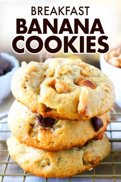 three cookies stacked on top of each other with the words breakfast banana cookies above them