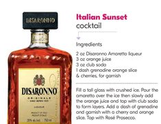 a bottle of disarrono with instructions on how to use it for cocktails