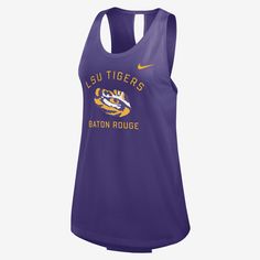 This LSU Tigers Primetime Tank Top is a warm-weather essential with lightweight, breathable fabric that helps keep you comfortable. Its crossed, open-back design is perfect for staying cool as you rep your favorite collegiate team. Purple Moisture-wicking Sports Tank Top, Purple Moisture-wicking Tank Top For Sports, Purple Sporty Moisture-wicking Tank Top, Sporty Purple Moisture-wicking Tank Top, Purple Athleisure Tank Top For Sports, Breathable Purple Tops For Sports, Purple Sleeveless Moisture-wicking Activewear, Nike Purple Sporty Tops, Purple Nike Sporty Top