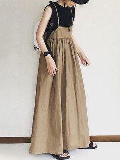 Original Solid Color Pleats Suspender Dress BLACK-FREE SIZE Suspender Skirt, Suspender Dress, Khaki Dress, Fashion Mode, Types Of Skirts, Pleated Dress, Look Fashion, Cotton Dresses, Long Skirt