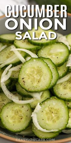 cucumber onion salad in a bowl with text overlay