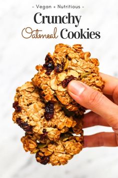 a person holding up a cookie with cranberry oatmeal cookies