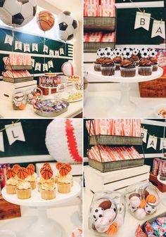 sports themed birthday party with cupcakes and desserts