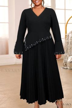 Lasaky - Luxurious Evening Maxi Dress with Beaded Neckline and Dramatic Sleeves Black Pleated Dress, Designer Party Dresses, 파티 드레스, Glamorous Party, Beaded Neckline, Formal Party Dress, Pleated Maxi Dress, Maxi Dress Formal, Maxi Dress Evening