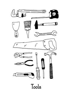 various tools are shown in this black and white illustration, with the words tools above them