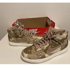 Nike Dunk High Desert Camo Sneakers Dx2314-200 Women's Size 8 Khaki Lace-up Sneakers For Streetwear, Beige Mid-top Sneakers With Laces, Beige Lace-up High-top Sneakers For Streetwear, Nike Beige Sneakers With Laces, Beige Custom Sneakers With Laces For Streetwear, Beige Nike Sneakers With Laces, Beige Lace-up High-top Sneakers With Boost Midsole, Nike Casual High-top Lace-up Sneakers, Nike Casual Lace-up High-top Sneakers