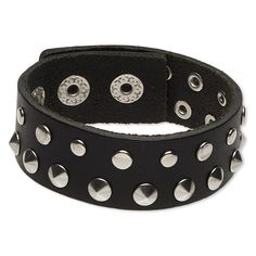 Ready-to-wear black leather bracelet features two rows of round steel studs; one row is convex and the other is flat. Three snap closure provides an adjustable fit at 5-1/2, 6 and 6-1/2 inches. Punk Accessories, Black Leather Bracelet, Leather Dye, Bracelet Leather, Everyday Jewelry, Wearing Black, Sales Gifts, Rhodium Plated, Snap Closure