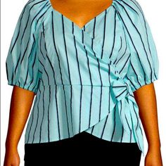 Worthington Worthington Womens V Neck Elbow Sleeve Wrap Shirt Aqua Stripe Medium Spring V-neck Top With Bow Detail, Spring V-neck Top With Bow, V-neck Top With Bow For Spring, Spring Office Tops With Bow Detail, Fitted V-neck Top With Bow, Spring Casual Shirt With Bow, Short Sleeve Cotton Blouse With Bow, Chic Blue Top With Bow, Chic Blue Tops With Bow