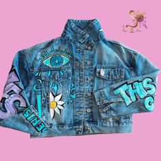 Unique Hand-painted Denim Jacket,pink Panther, Daisies, Jungle, Evil Eyes - Etsy Hand Painted Blue Denim Jacket For Spring, Spring Hand Painted Blue Denim Jacket, Artistic Blue Denim Jacket For Spring, Artsy Cotton Denim Jacket For Spring, Trendy Cotton Denim Jacket With Custom Artwork, Spring Casual Denim Jacket With Custom Artwork, Casual Spring Denim Jacket With Custom Artwork, Artistic Fitted Denim Jacket For Spring, Spring Artistic Denim Jacket With Custom Artwork