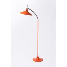 an orange floor lamp on a white background with one light turned on and the other turned off