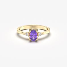 💎This stunning Amethyst Unique Diamond Ring is a true statement piece! Handcrafted with a beautiful Purple Amethyst Gemstone set in 14k Solid Gold, this ring is sure to turn heads. The exquisite design features a Modern twist on a classic style, making it the perfect gift for a February birthday or any special occasion. Treat yourself or a loved one to this luxurious and timeless piece that will be cherished for years to come. 💎 F E A T U R E S ▸ Made to Order ▸ Custom Gold Color: Yellow Gold, Rose Gold, White Gold ▸ Band Width: 1.60mm / 0.07in ▸ Material: Solid Real Gold (not gold-filled or no gold plated) ▸ Gold Carat: 8K-333, 10K-417, 14K-585 or 18K-750 ▸ Diamond : Natural Round Cut 1.30mmx2 pcs / 1.75mmx2 pcs ▸ Diamond Carat: 0.05 Ctw. ▸ Diamond Color and Clarity: F - SI ▸ All Diamon Purple Gemstone Diamond Ring In 14k Gold, Purple Diamond Ring In 14k Gold, Purple Sapphire Ring With 14k Gold Prong Setting, Purple Amethyst Ring With Prong Setting In 14k Gold, Yellow Gold Amethyst Ring With Accent Stones, Round Cut, Yellow Gold Amethyst Ring With Round Cut Accent Stones, Purple 14k Gold Fine Jewelry Rings, 14k Gold Purple Amethyst Ring, Amethyst Center Stone Birthstone Ring In Yellow Gold