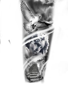 a black and white photo of a man's arm with an angel on it