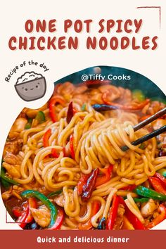 one pot spicy chicken noodles with chopsticks