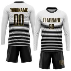 a soccer jersey with the name team name on it and two shorts, both black and white