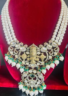 High-quality Victorian finish Balaji Pearl haram set with mossanites, comes with matching earrings. Victorian finish pendant and earrings. Elegant Heavy Kundan Necklace For Navratri, Navratri Kundan Designer Jewelry, Kundan Jewelry For Navratri Designer Wear, Designer Gold Jewelry For Navratri, Traditional Hand Set Pearl Necklace For Diwali, Diwali Designer Tilla Necklace, Designer Kundan Temple Necklace, Kundan Temple Necklace For Designer Wear, Designer Temple Necklace For Festivals