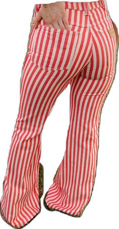 Fitted Bottoms With Striped Hem For Summer, Casual Vertical Striped Jeans For Summer, Casual Summer Jeans With Vertical Stripes, Retro Flare Bottoms For Summer, Retro Stretch Summer Jeans, Retro Stretch Jeans For Summer, Summer Retro Flare Bottoms, Retro Flare Jeans For Summer, Striped Cotton Jeans For Summer