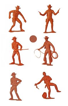 six wooden toy figurines of men with different poses and body shapes, each holding a tennis racket