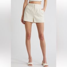 Open Edit High Waist Linen Blend Shorts In Ivory Dove - Nwt Crisp Pleats Add Structure To These Breezy Trouser-Shorts Cut From A Lightweight And Airy Linen Blend. 2 1/2" Inseam; 28" Leg Opening; 13" Front Rise; 16" Back Rise (Size 8) Zip Fly With Button Closure Side-Seam Pockets Lined 53% Linen, 44% Rayon, 3% Spandex Machine Wash, Tumble Dry Off White High Waist Bottoms For Summer, Beige Summer Shorts For Work, Cream Fitted Shorts For Spring, Chic Cream Shorts For Work, Neutral Short Bottoms For Spring, High-waisted Cream Shorts For Work, High Waist Cream Shorts For Work, Casual Off White Short Bottoms, Casual Off White Shorts For Spring