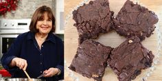 a woman standing next to a plate of brownies on top of a wooden table