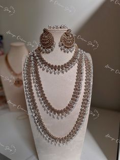 ANUGRAH COLLECTION Polki Jewelry Set   - designer fancy jewelry in best quality! choose the jewelry individually or get a set.   - earring  - tikka - short neckwear - haaram - long neckwear/hipbelt 2-in-1 Set S:  - earring - short neckwear  Set M: - earring  - short neckwear  - long neckwear  Set L: - earring - tikka - short neckwear  - long neckwear - haaram/hipbelt 2-in-1   mix and match every piece of our jewelry collection and put your dream set together! available in more colors! Note:  - c White Metal Jewelry Sets For Wedding, White Metal Bridal Necklace For Wedding, White Metal Wedding Jewelry Sets, Traditional White Metal Jewelry Sets, Silver Pearl Jewelry Sets For Festivals, White Jewelry Sets With Matching Earrings For Party, Traditional White Jewelry With Elegant Design, White Metal Jewelry Sets For Festivals, White Hand-set Temple Jewelry Sets