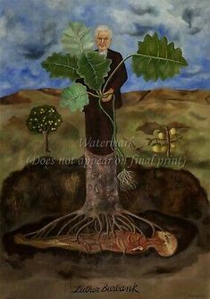 a painting of an old man holding a plant in his hand and roots growing out of the ground