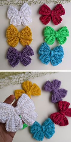 crocheted bows are shown in different colors