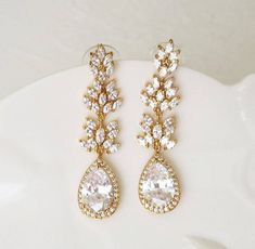 Crystal Bridal Earrings Wedding Earrings Long Chandelier Gold Bridal Leaf Earrings Vintage Style Wedding Jewelry AAA CZ Teardrop KARENA Rose Gold Bridal Earrings, Earrings Bride, Bridal Earrings Chandelier, Gold Chandelier Earrings, Crystal Bridal Earrings, Bridal Accessories Jewelry, Bridal Earrings Drop, Gold Bridal Earrings, Deco Earrings