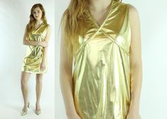 Vintage 60's gold metallic mini dress.  Sleeveless styling.  A-line.  Rope belt that crosses in the front and ties in the back.  Zipper up the back.  Model is 5 ft. 11 in. and wears a size small in tops and a size 5 in bottomsCondition: I believe this is NOS.  Very good condition.  Light wear on the gold.Brand: Miss FinaleFabric: SyntheticMeasurements: Taken flat, then doubled when necessary.Size: no tag, probably fits a size medium best.***Please compare your own body  measurements to the measu Gold Shiny Mini Dress, Shiny Gold Mini Dress, Gold Sleeveless Mini Dress For Spring, Glamorous Gold Mini Dress For Spring, Gold Shiny Mini Dress For Party Season, 1970 Dress, Metallic Mini Dress, 1960 Dress, Metallic Mini Dresses